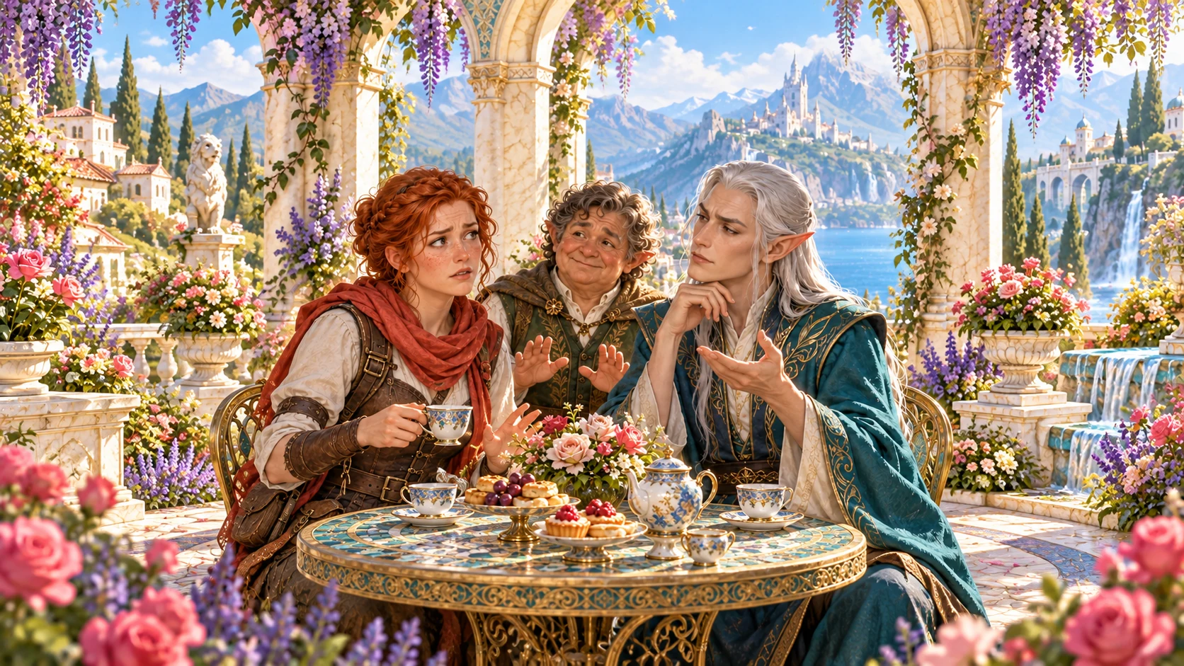 Fantasy editorial illustration of an uncomfortable fictional conversation