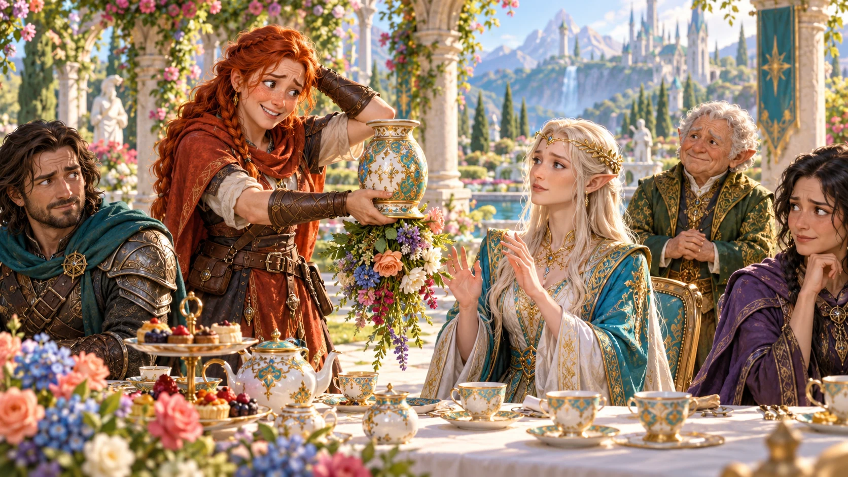 Fantasy editorial illustration of an uncomfortable gift and restrained reactions at a garden luncheon